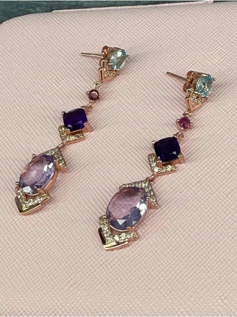 STUNNING! Natural Amethyst, Garnet, Topaz Dangle Earrings 14K Rose Gold over SS